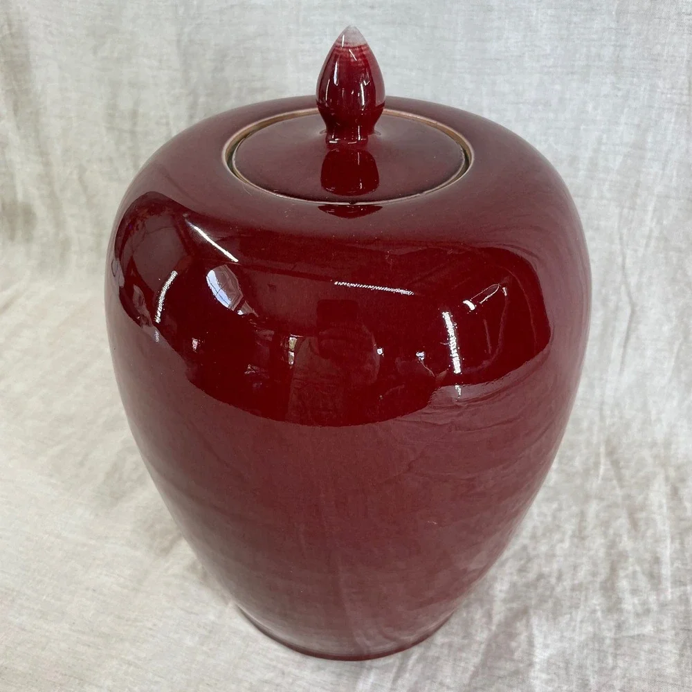 Large Burgundy Ceramic Ginger Jar Asian Inspired Oxblood Chinoiserie Decor 90s